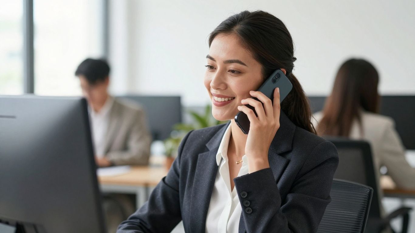 Professional woman answering a business phone call.