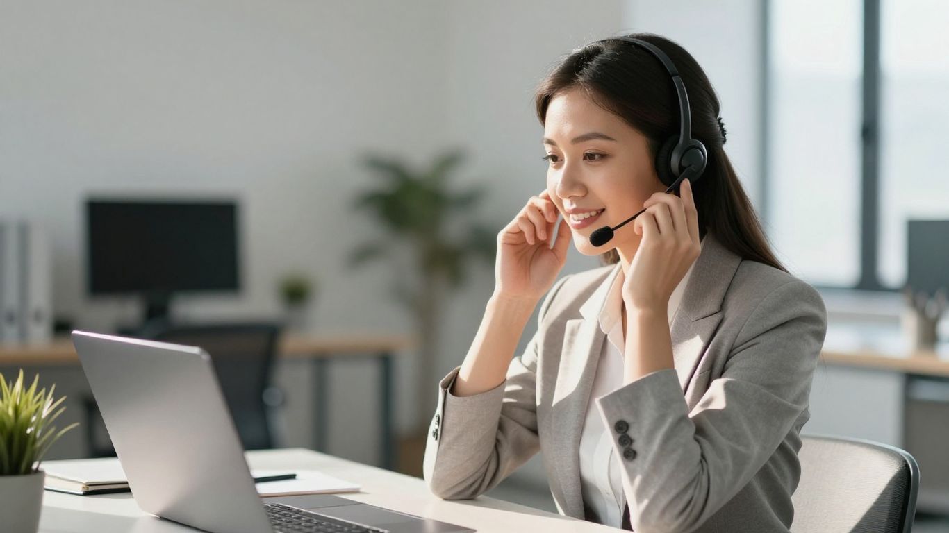 Virtual assistant answering phone calls with a headset.