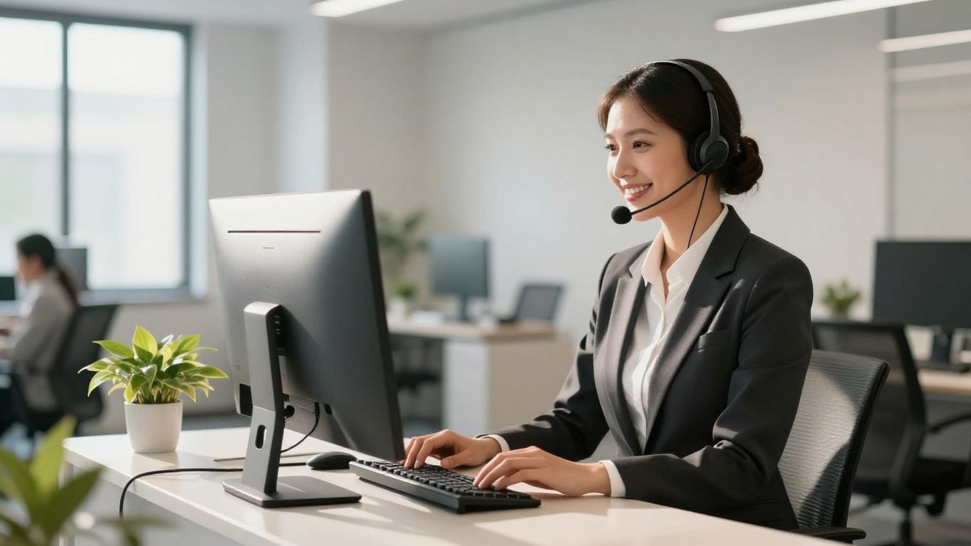 Virtual answering service receptionist with headset, smiling.