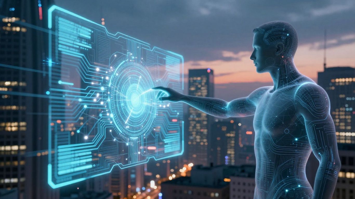 AI reaching out from a screen to connect.