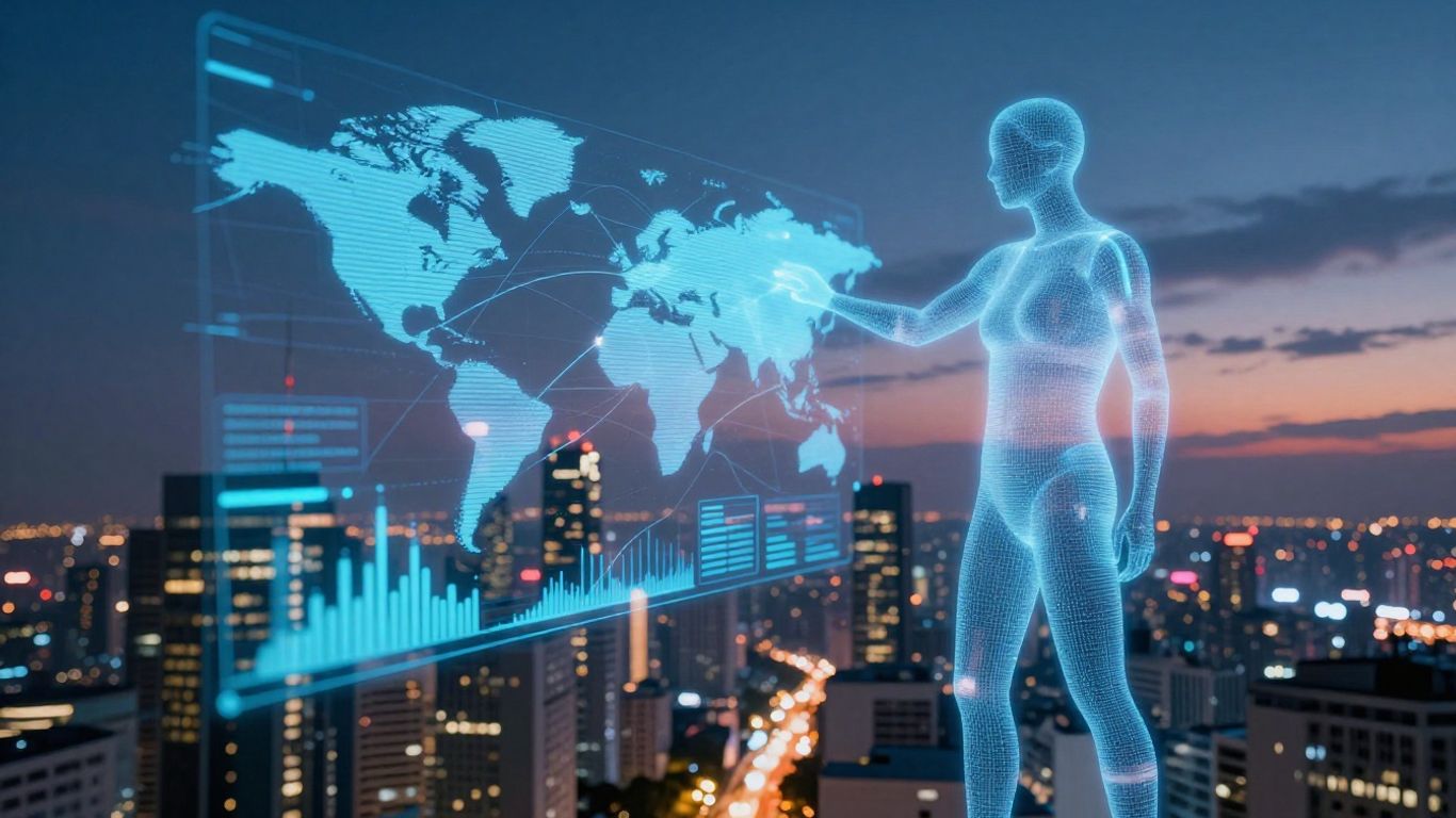 AI cold calling revolution in futuristic cityscape.