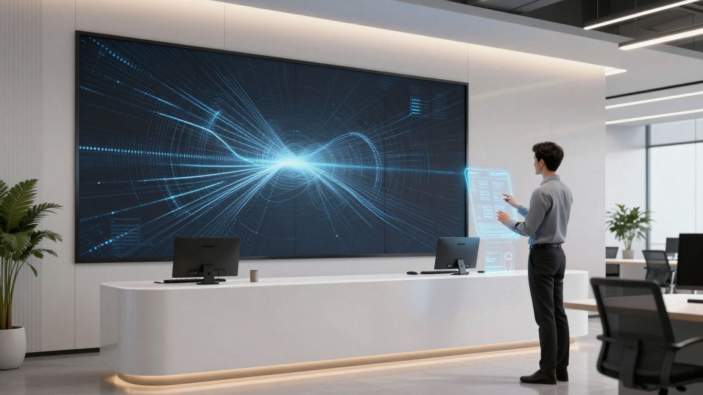 Digital receptionist interface with futuristic light patterns.