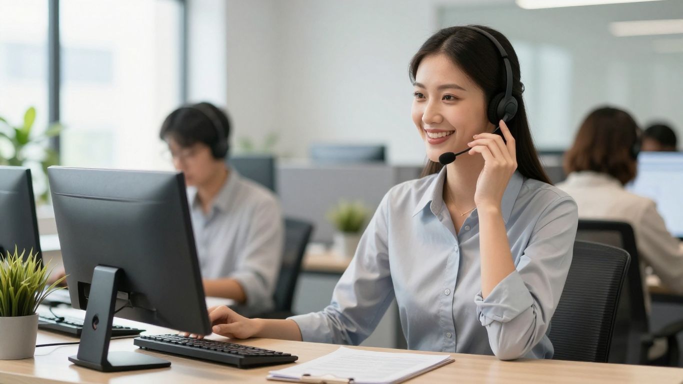 Professional receptionist with headset, ready to answer calls.