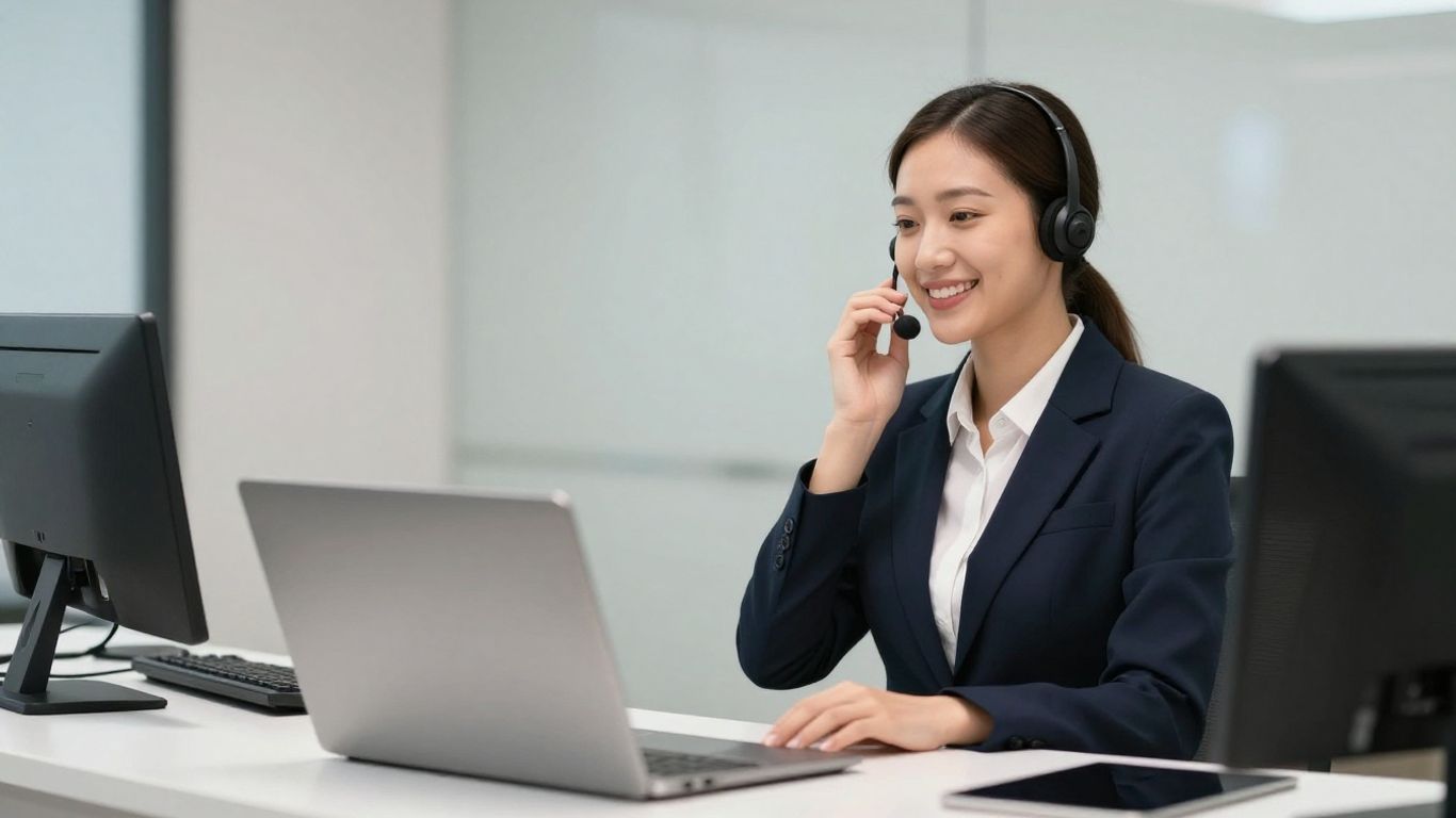 Receptionist using a headset for live telephone answering.