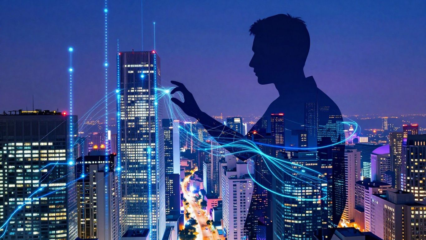 Futuristic cityscape with digital connections and human silhouette.
