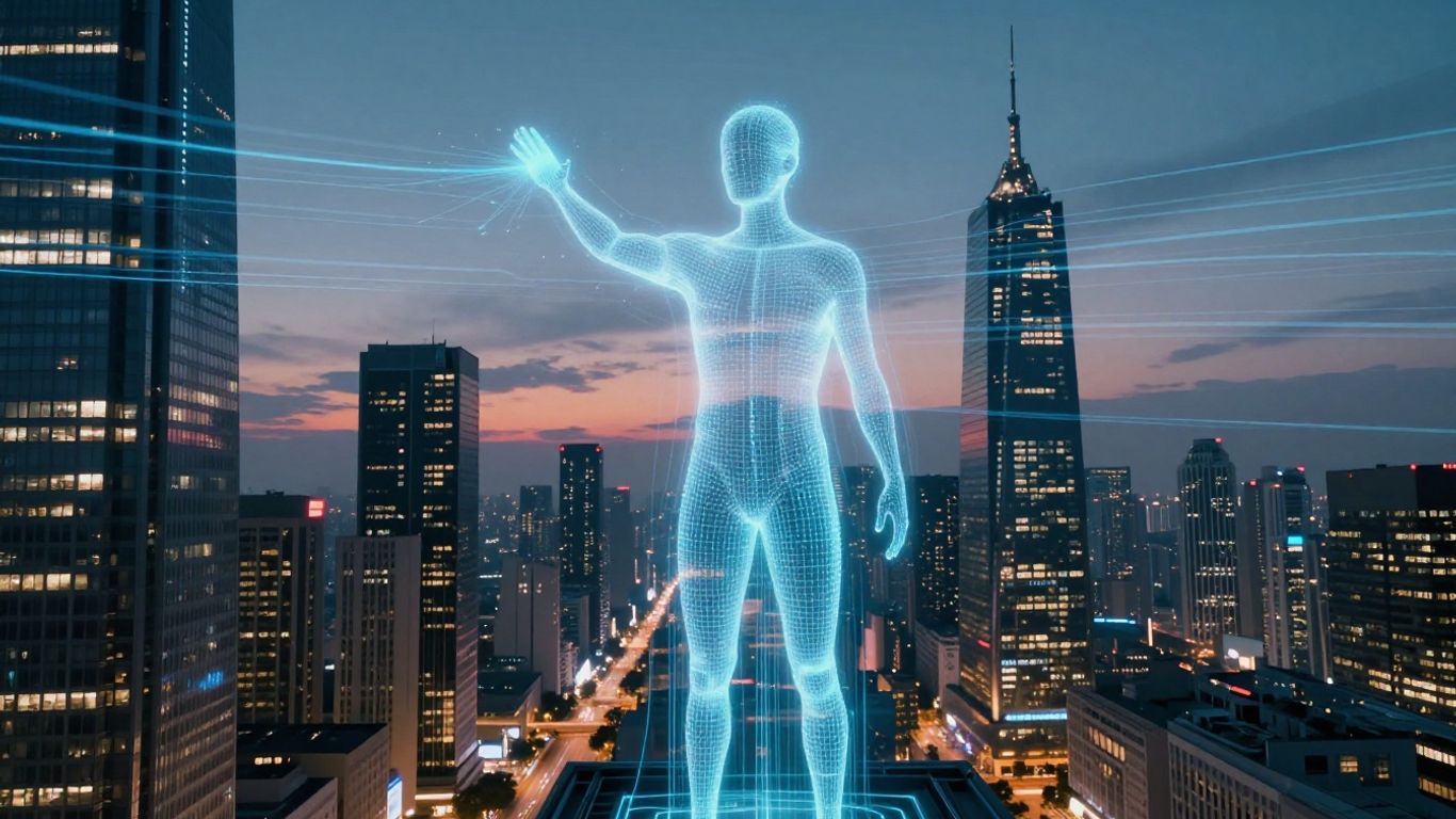 Futuristic cityscape with digital streams and human silhouette.