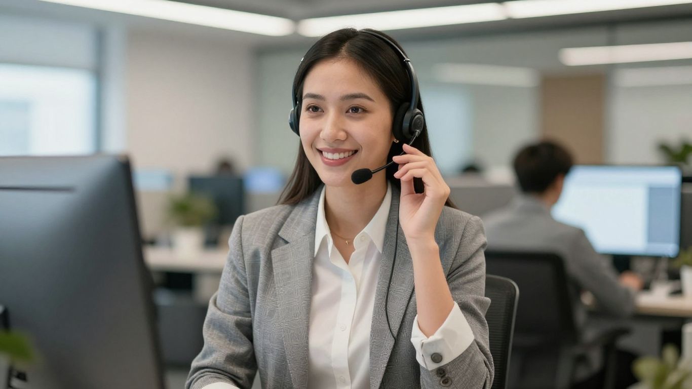 Virtual receptionist assisting a business client with a headset.