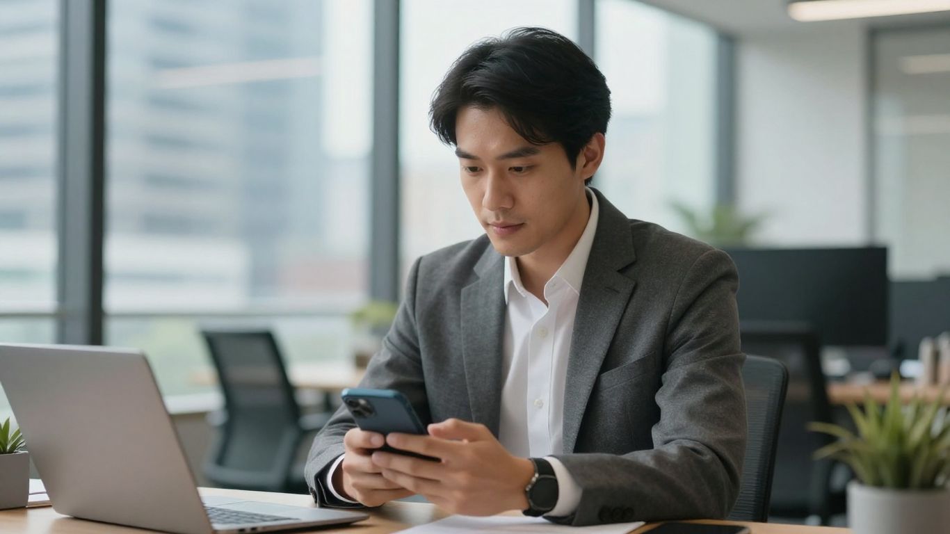 Professional on a business call with a blurred cityscape background.