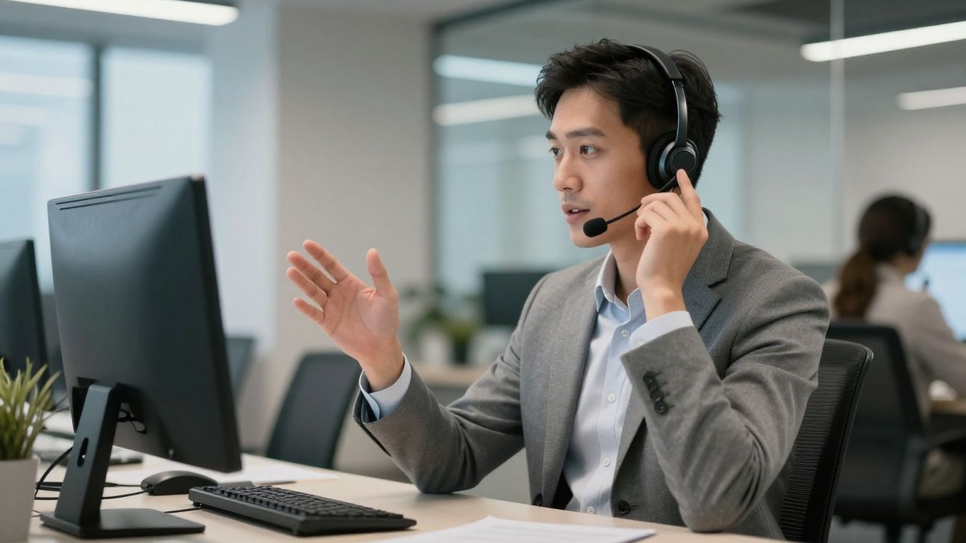 Professional on a business call with headset.