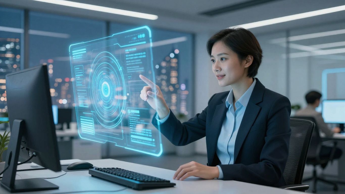 AI receptionist assisting a business professional in a modern office.