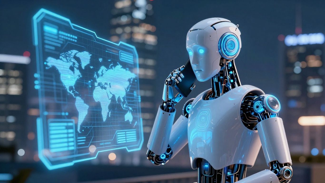 AI robot making a phone call with futuristic interface.