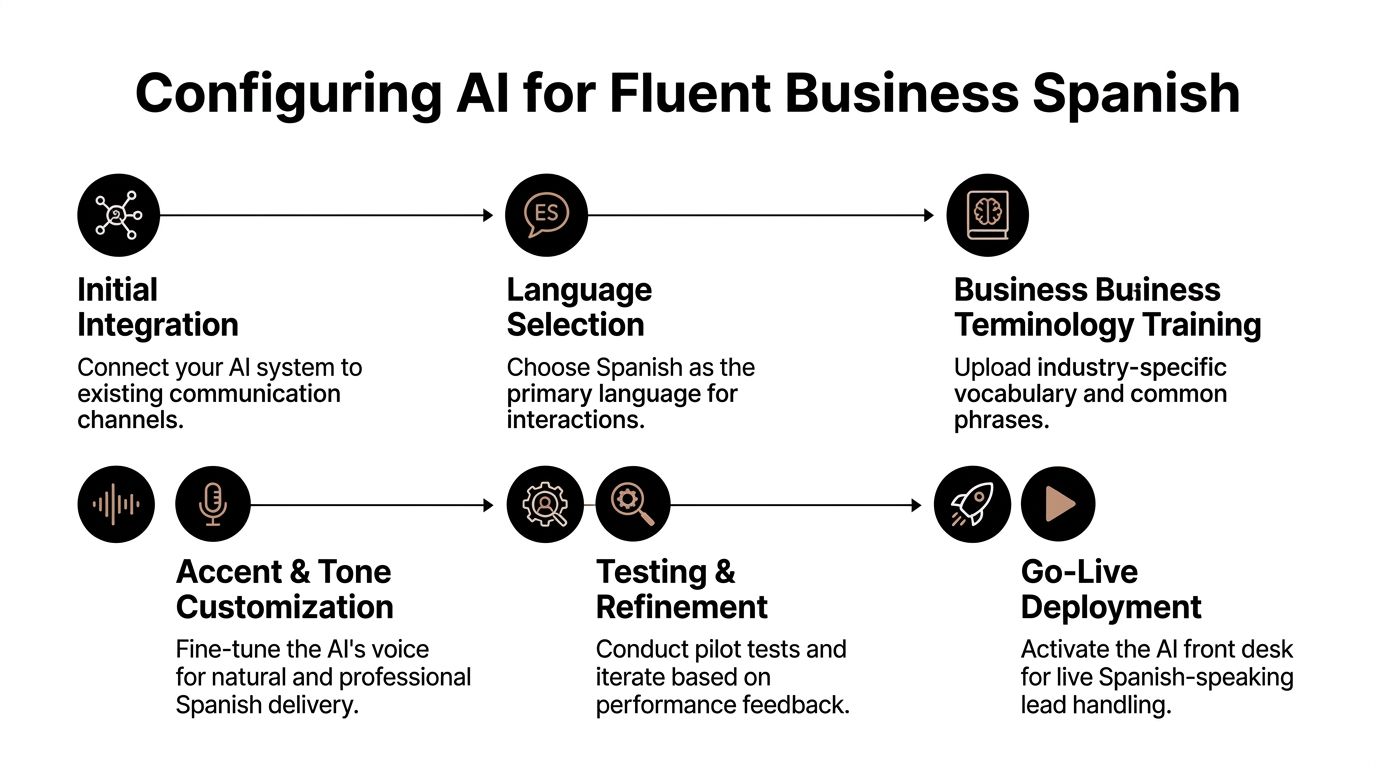 A six-step infographic showing the process of configuring an AI system for fluent business Spanish communication.