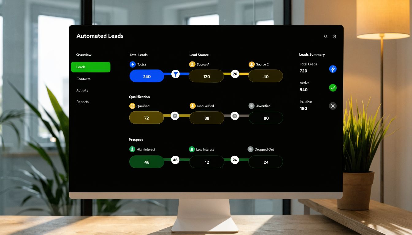 A computer monitor displaying an automated business lead tracking dashboard on a desk in a bright office.