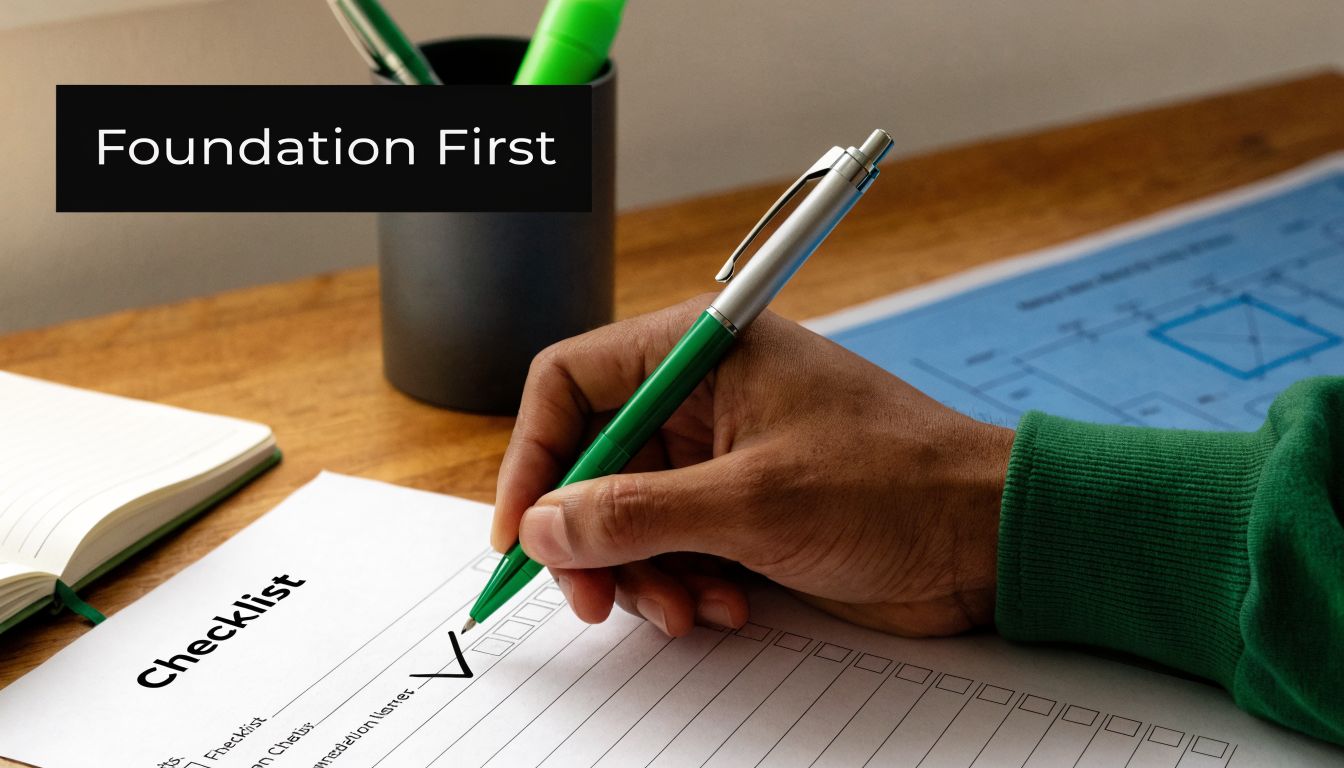 A person in a green sleeve using a pen to mark a checkbox on a checklist.