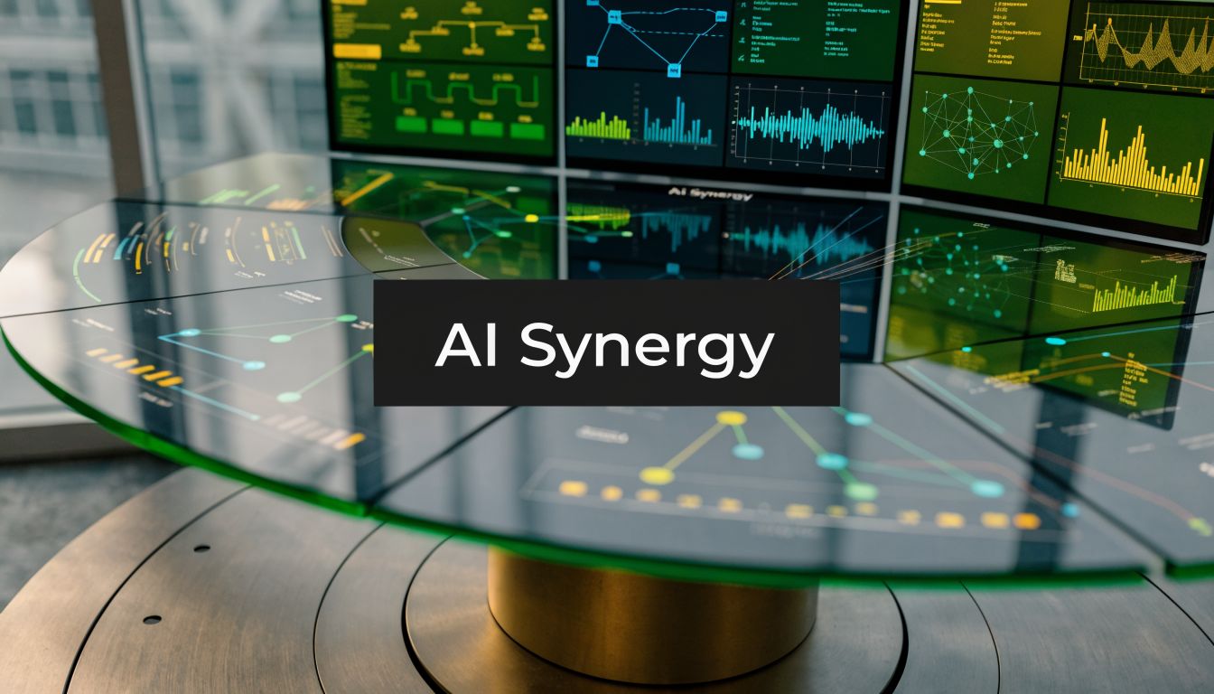 A futuristic display featuring data visualization charts and AI Synergy branding on a circular digital glass platform.