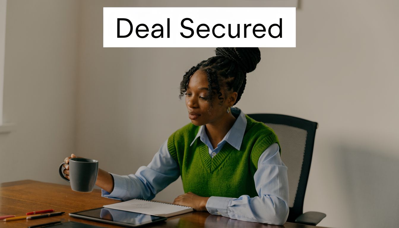A professional woman in a green sweater sitting at her desk holding a coffee mug while working.