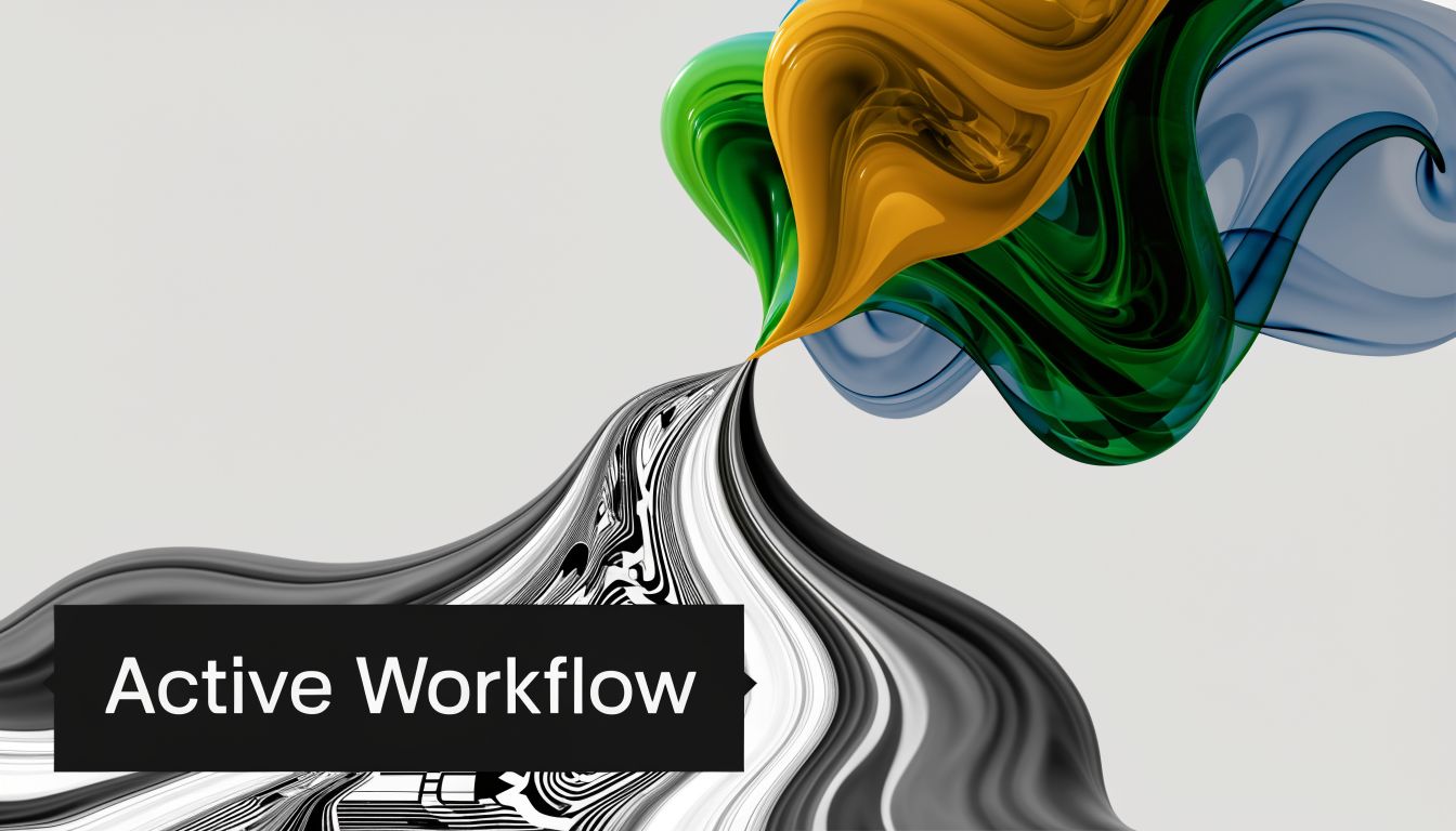 Abstract design with flowing liquid shapes in green, gold, blue, and black over a light background.