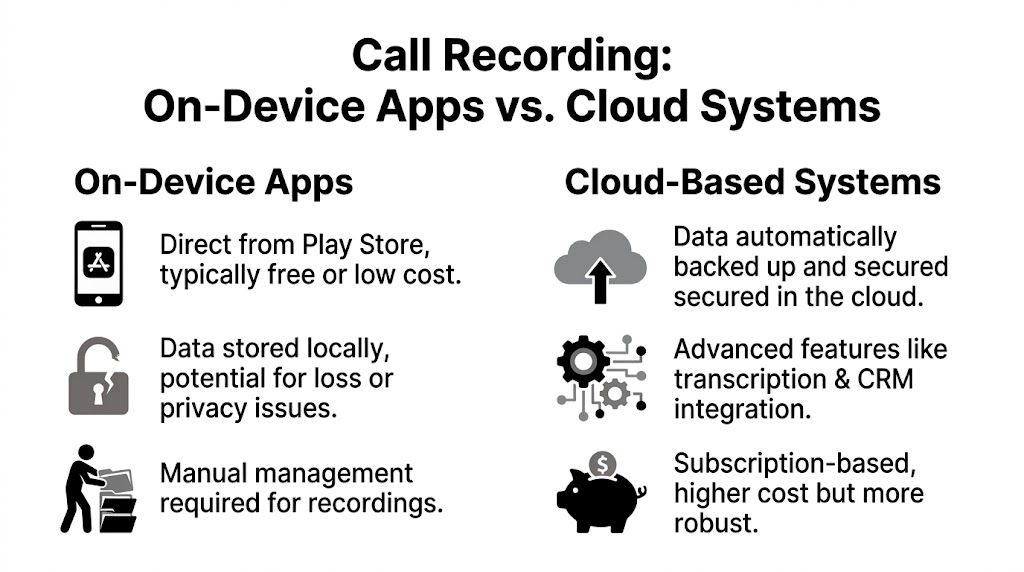 A comparison chart outlining the pros and cons of on-device call recording apps versus cloud-based recording systems.