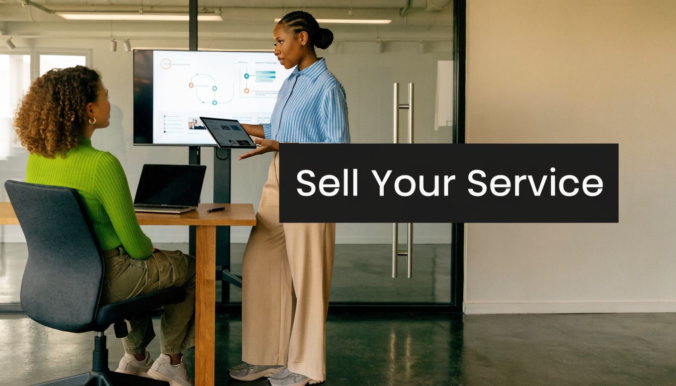 A businesswoman presenting a marketing strategy on a tablet to her colleague in a modern professional office.