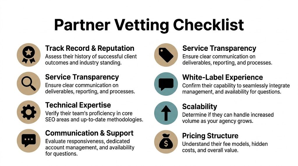 A partner vetting checklist graphic for selecting an SEO agency, outlining key criteria like experience and transparency.