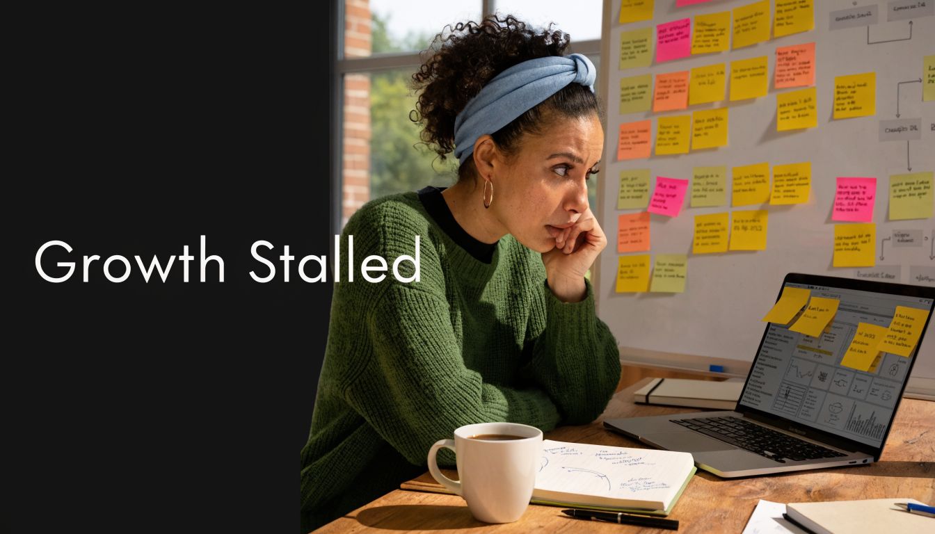 A pensive woman working at a desk with a laptop and sticky notes on a whiteboard.