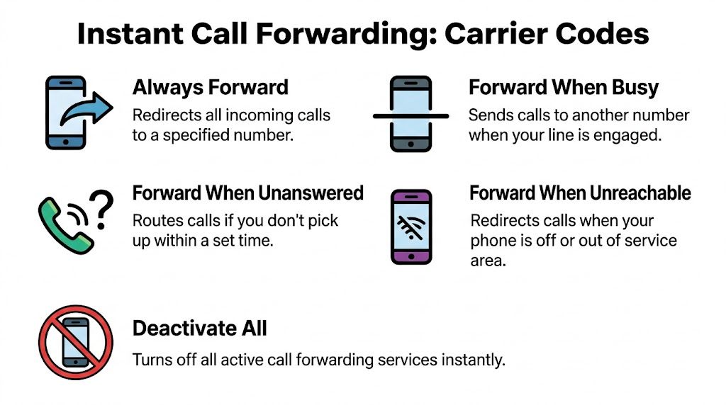 A guide to instant call forwarding carrier codes, explaining how to manage incoming phone call redirection settings.