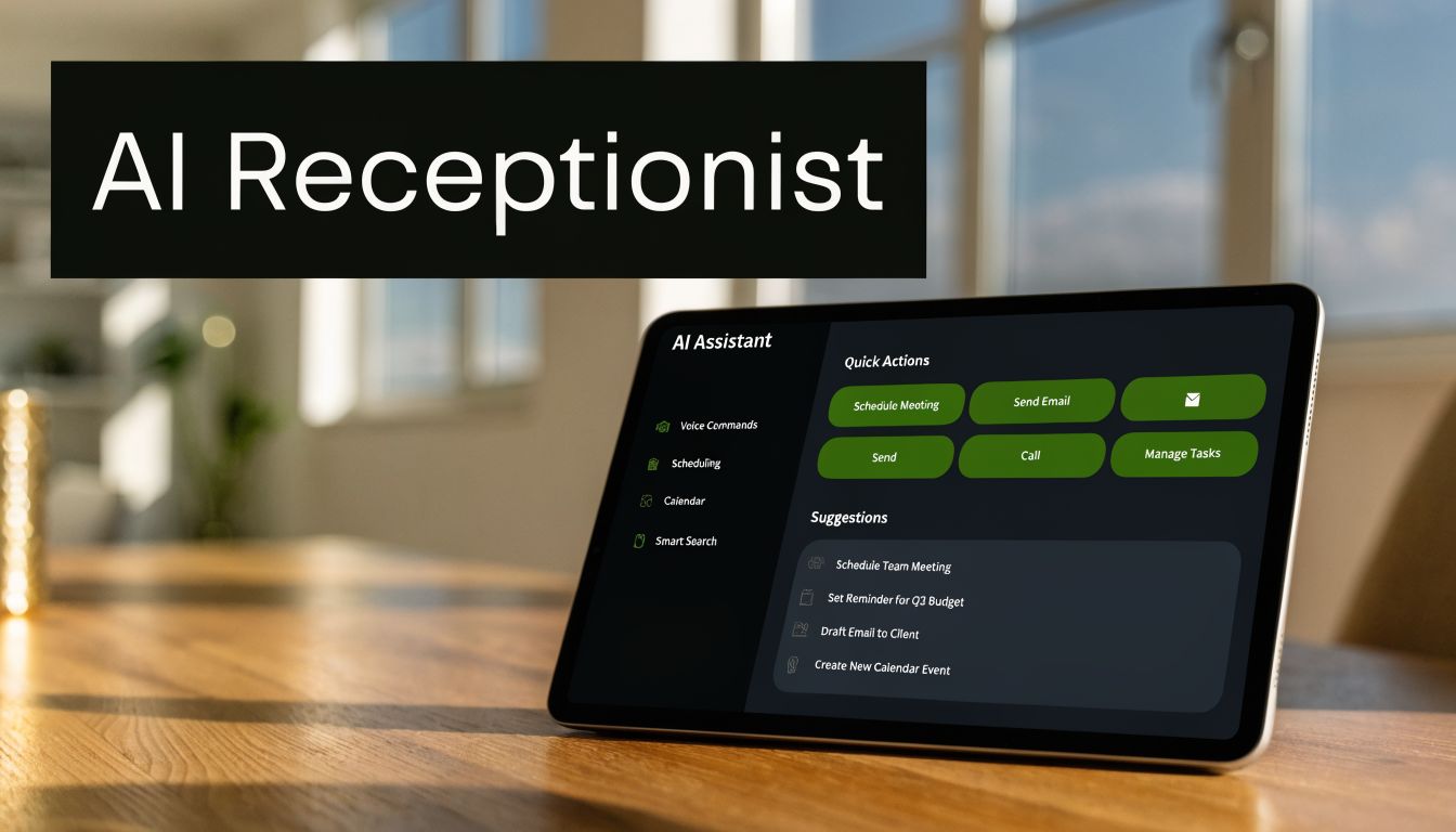 A digital tablet displaying an AI assistant interface with quick action buttons and suggestion task lists.