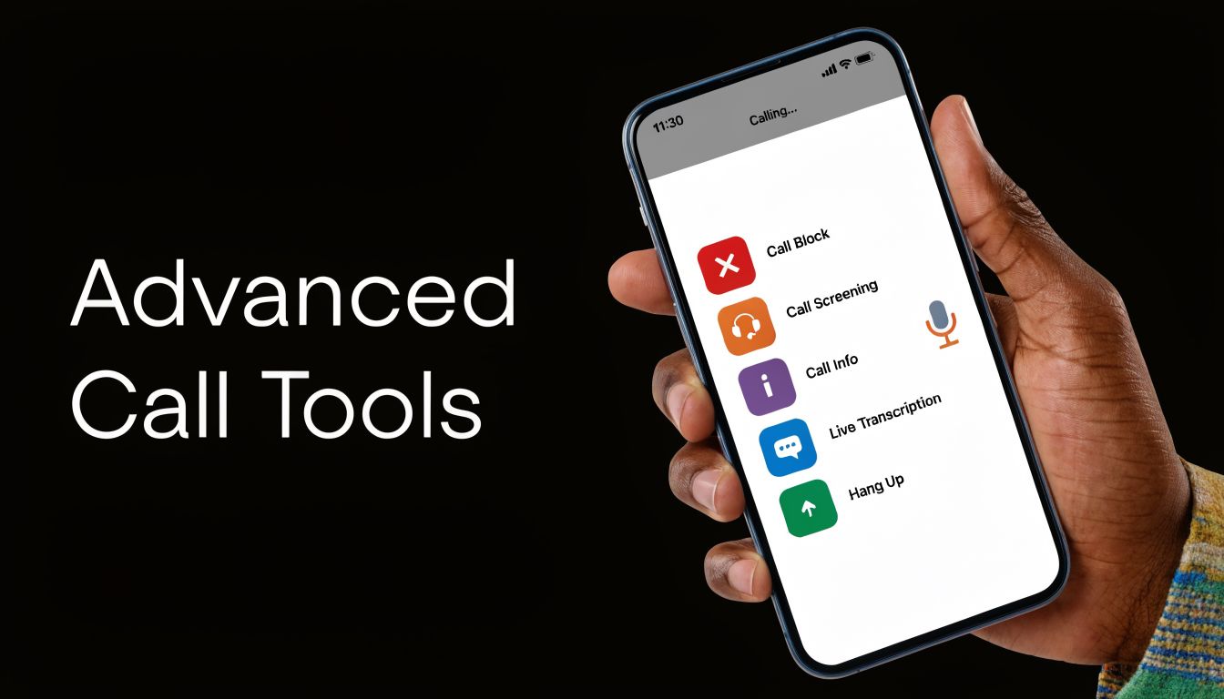 A smartphone held in a hand showing an app interface with options for managing calls.