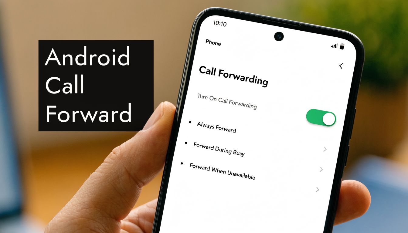 A hand holding a smartphone displaying the Call Forwarding settings menu on an Android device screen.