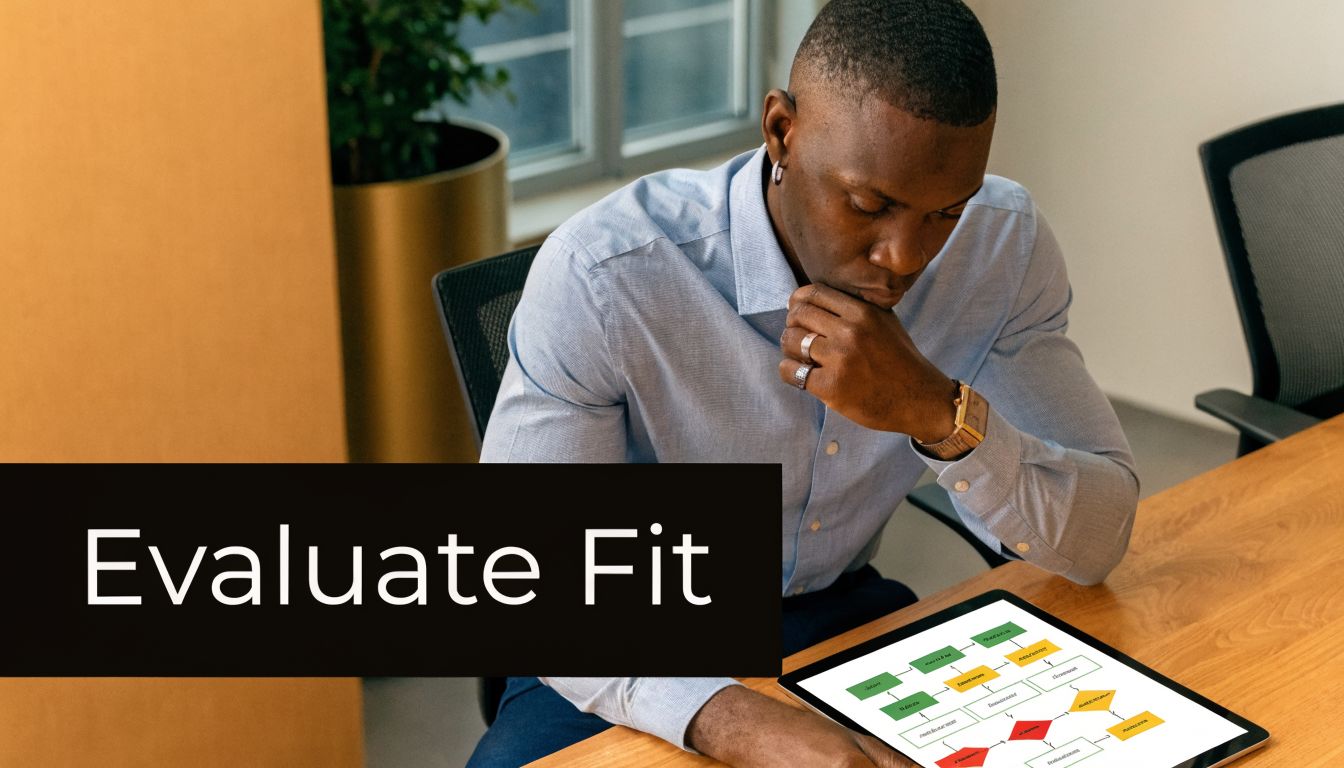 A professional man sitting at a desk reviewing a business flowchart on a tablet device.