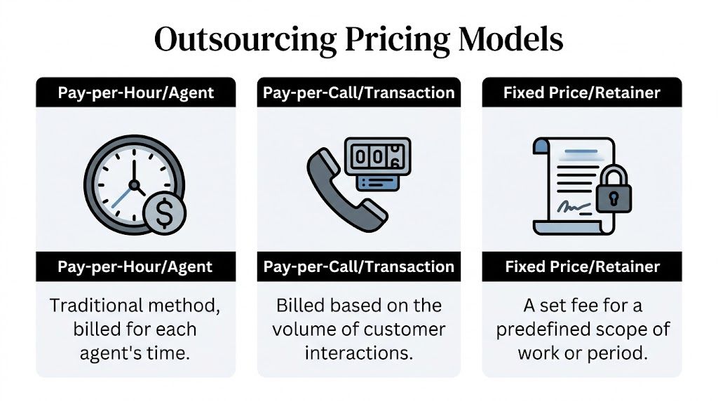 A chart comparing three common outsourcing pricing models: Pay-per-Hour, Pay-per-Call, and Fixed Price retainer options.