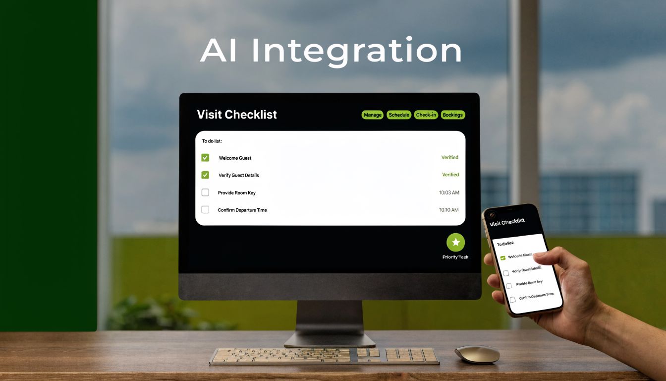 Computer monitor and smartphone displaying a digital visit checklist for automated guest management systems.