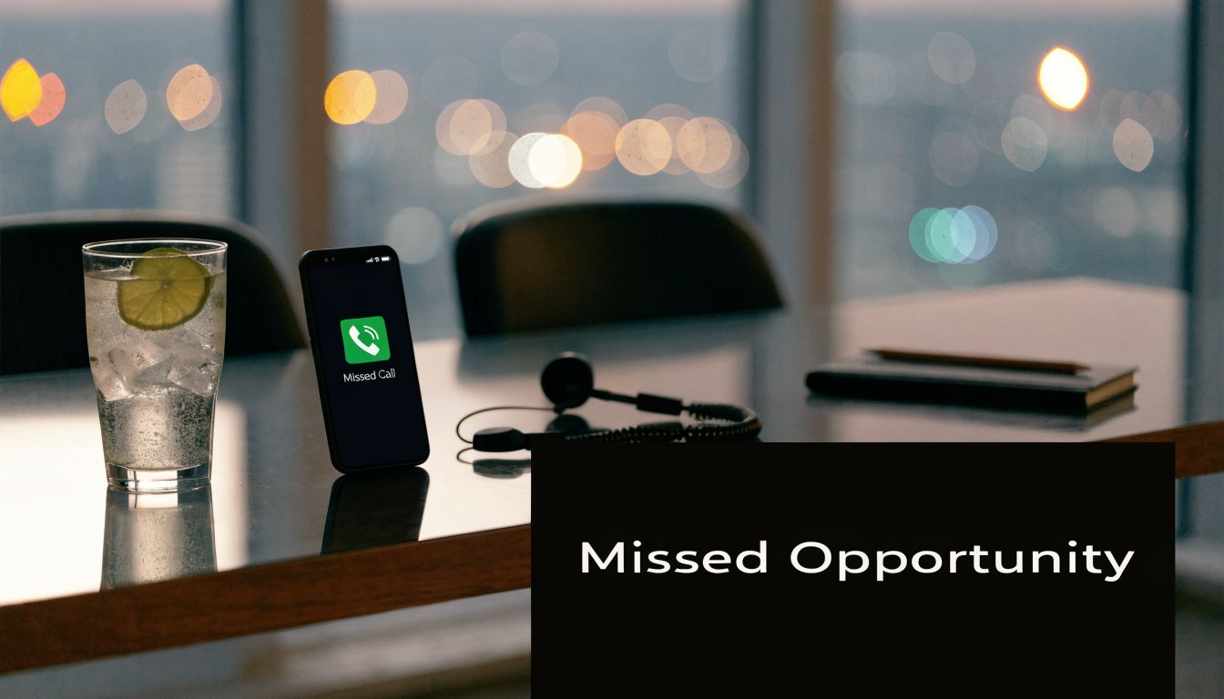 A smartphone showing a missed call notification sits on a desk next to a glass of water.