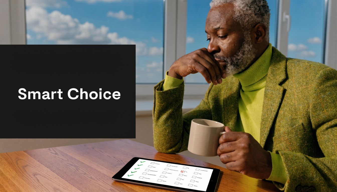 A professional man with a gray beard sits at a desk, looking at a tablet with a checklist.
