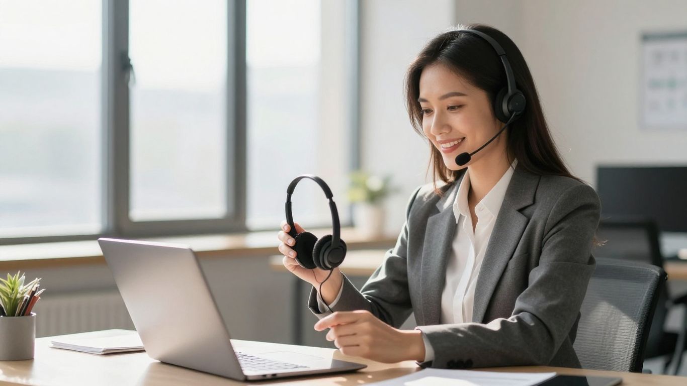 Virtual assistant with headset in a modern office.