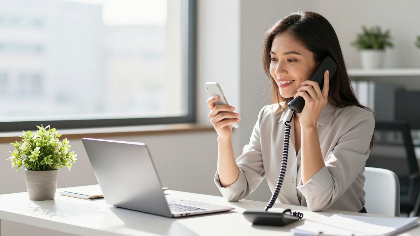 Professional woman answering a business call on a cordless phone.