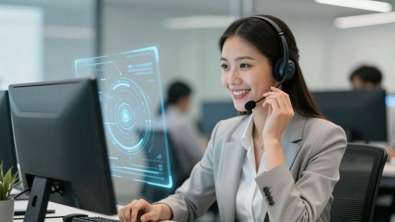 Businesswoman with headset, ready to answer calls.