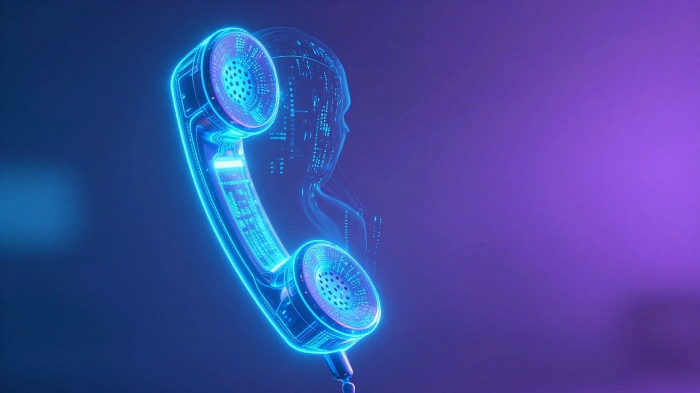 AI telephone technology with glowing blue light and human silhouette.