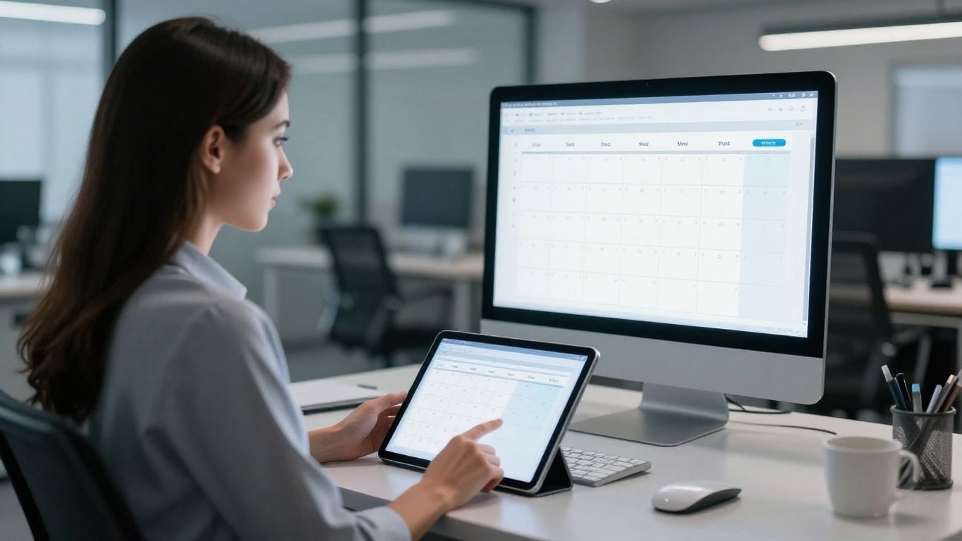 Virtual receptionist AI scheduling appointments on a tablet.