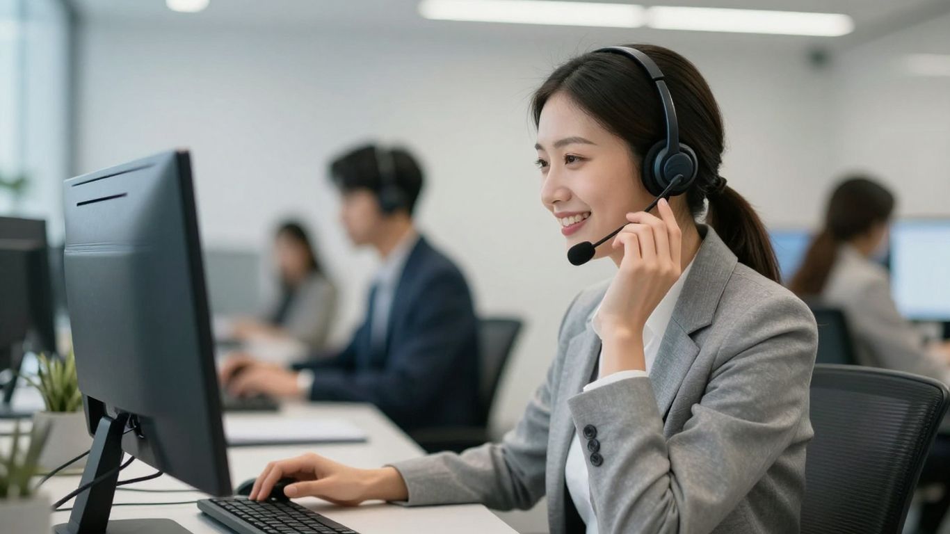 Professional receptionist with headset, ready to assist.