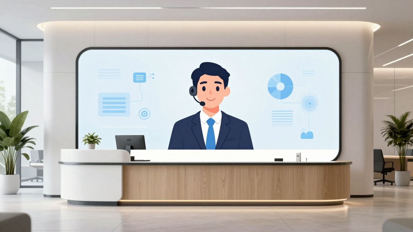 Virtual receptionist on a screen in a modern office.