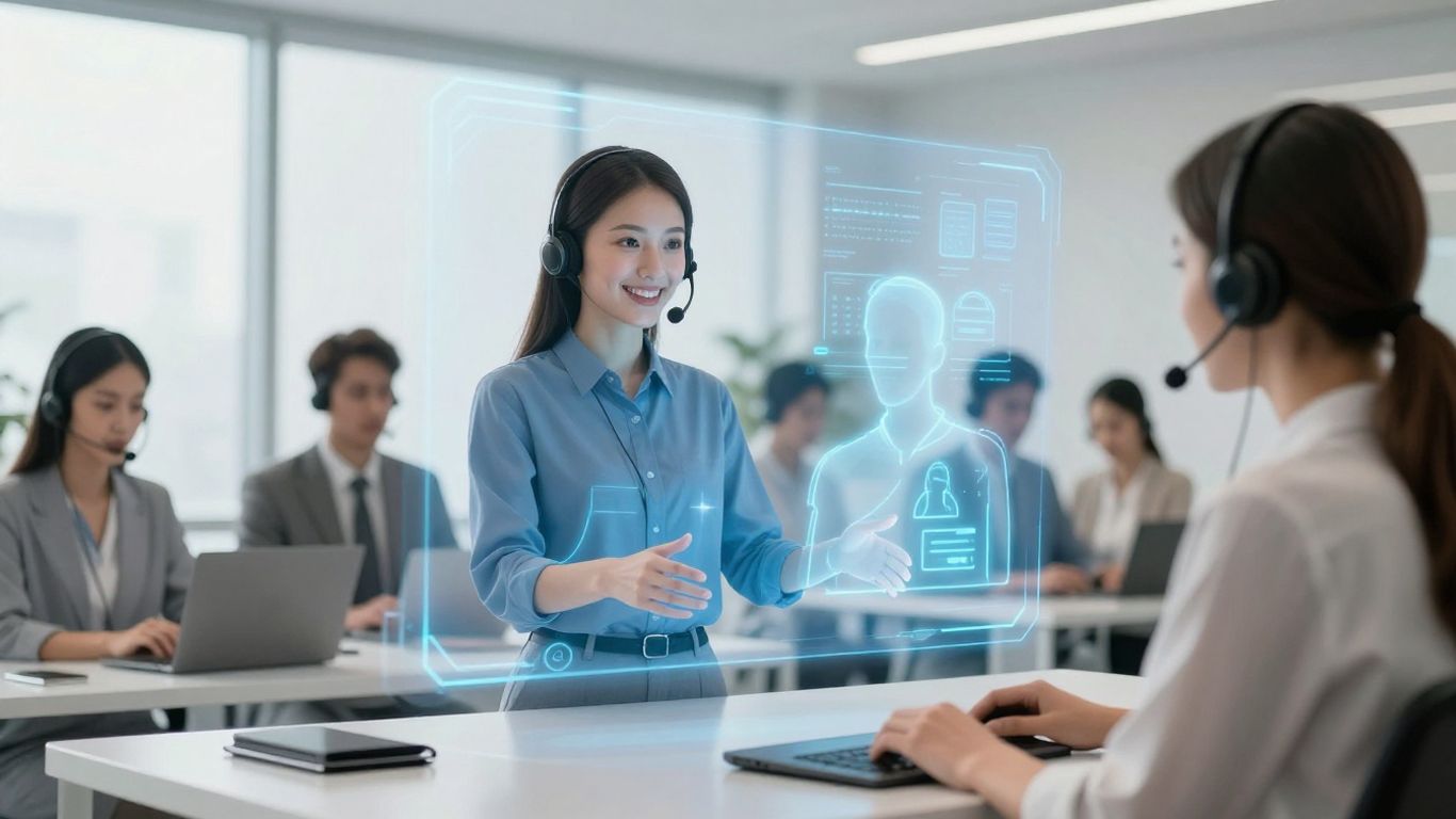 Virtual agent assisting customers in a modern call center.