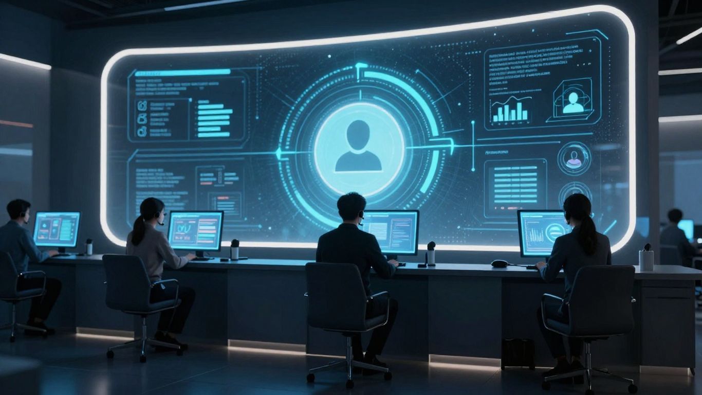 Call center virtual agent interface with glowing digital elements.