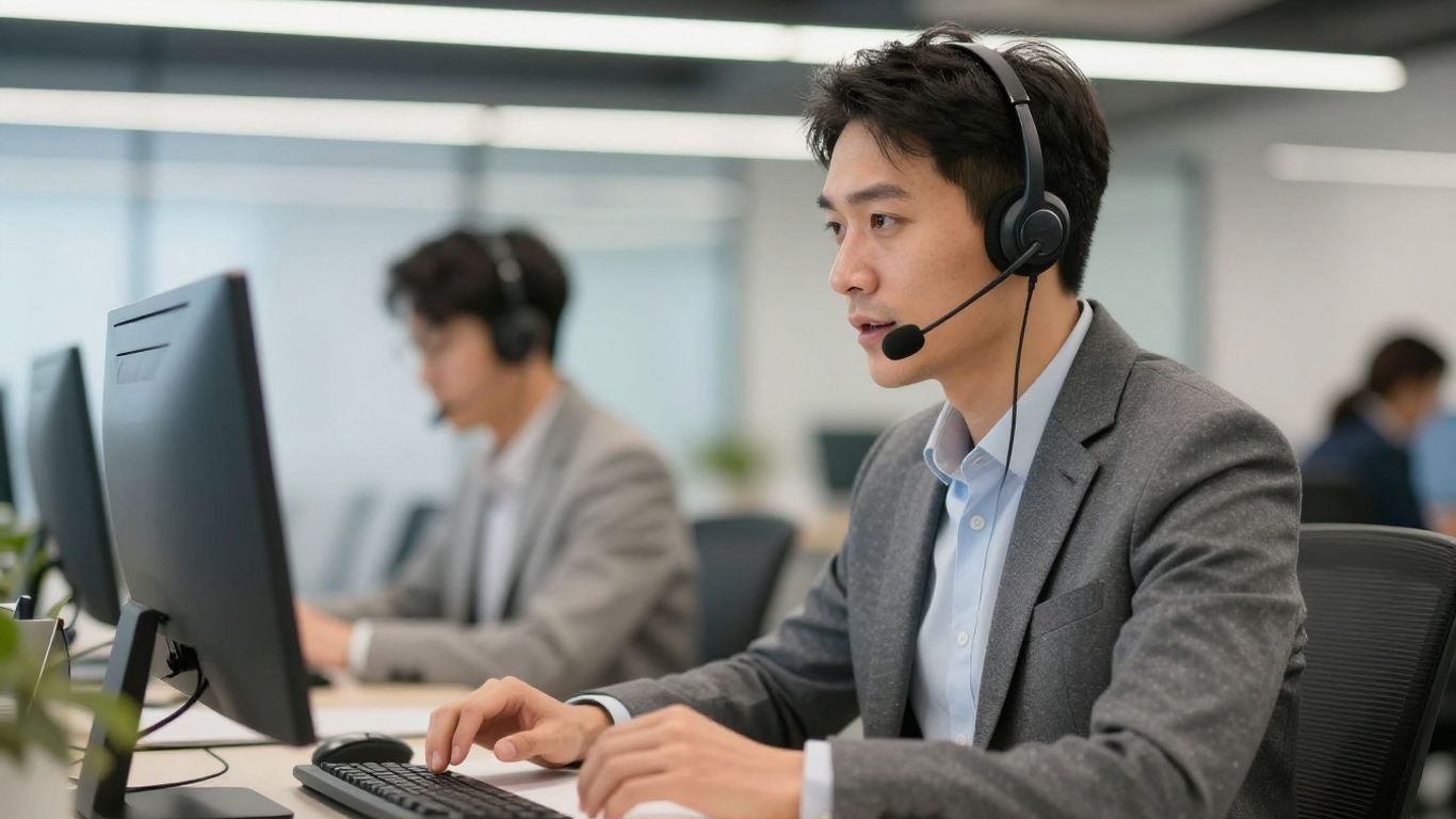 Business professional using a headset for custom answering service.