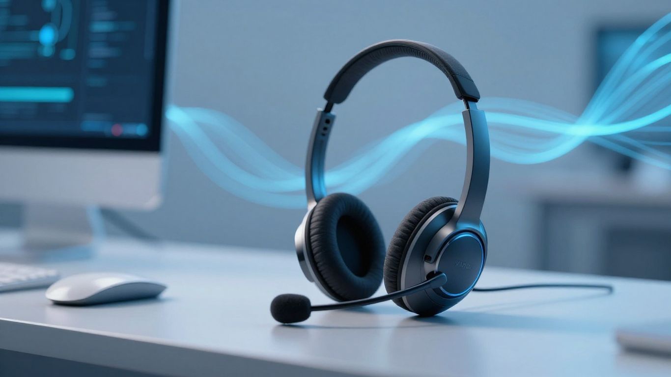 Modern call center headset with AI-inspired background.