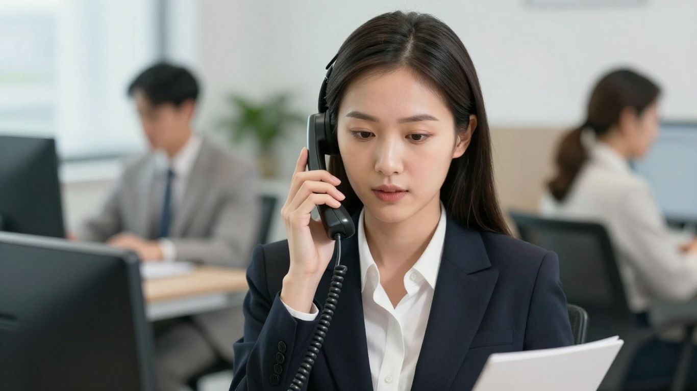 Professional receptionist answering a modern telephone headset.