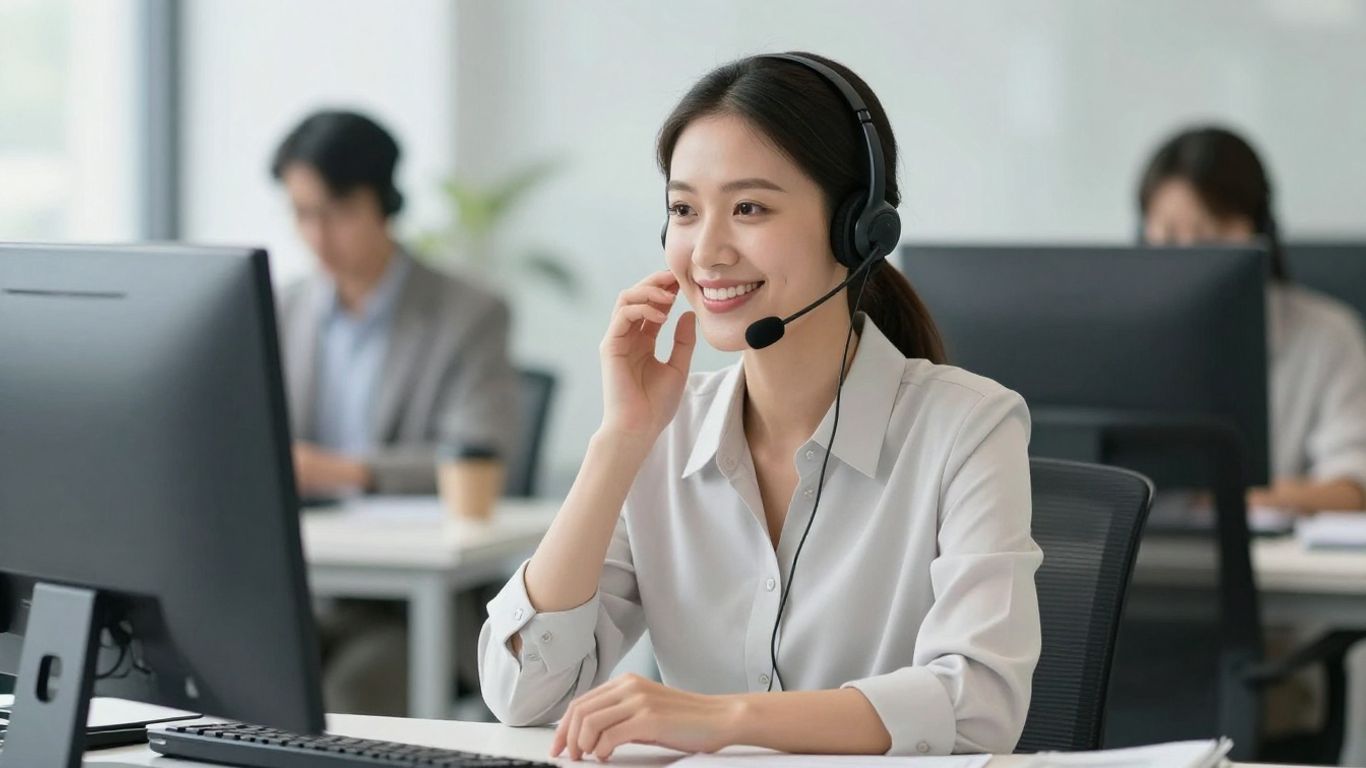 Professional receptionist with headset, ready to assist.