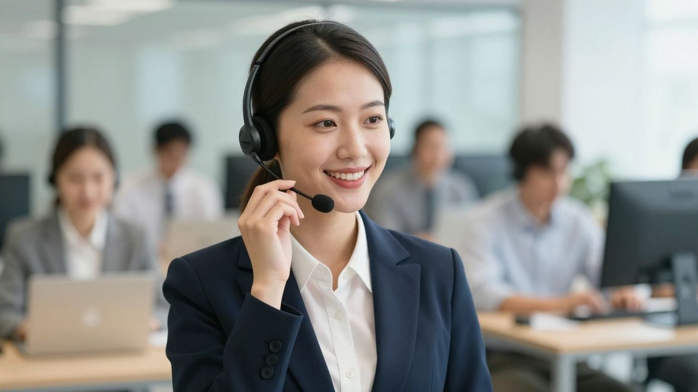 Professional receptionist answering a business call with a smile.
