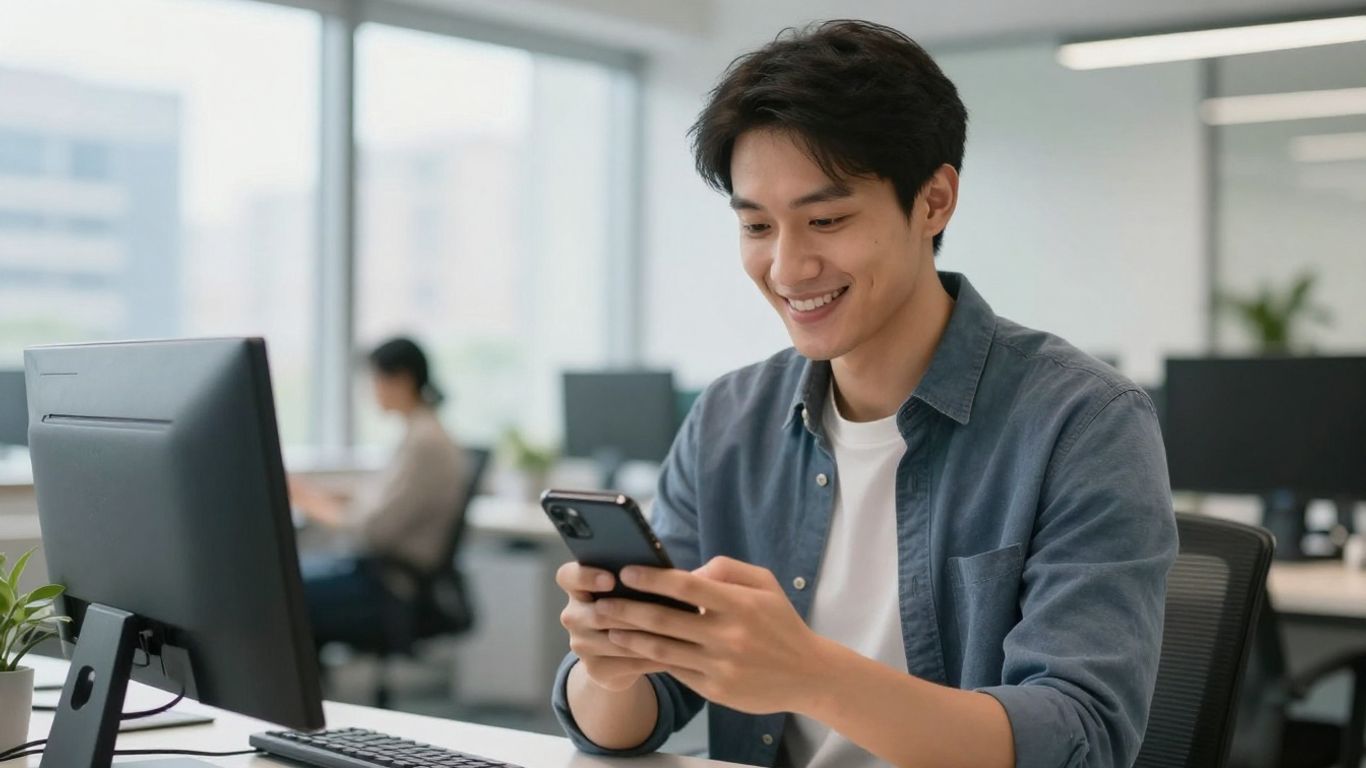Person using a virtual assistant phone system in an office.