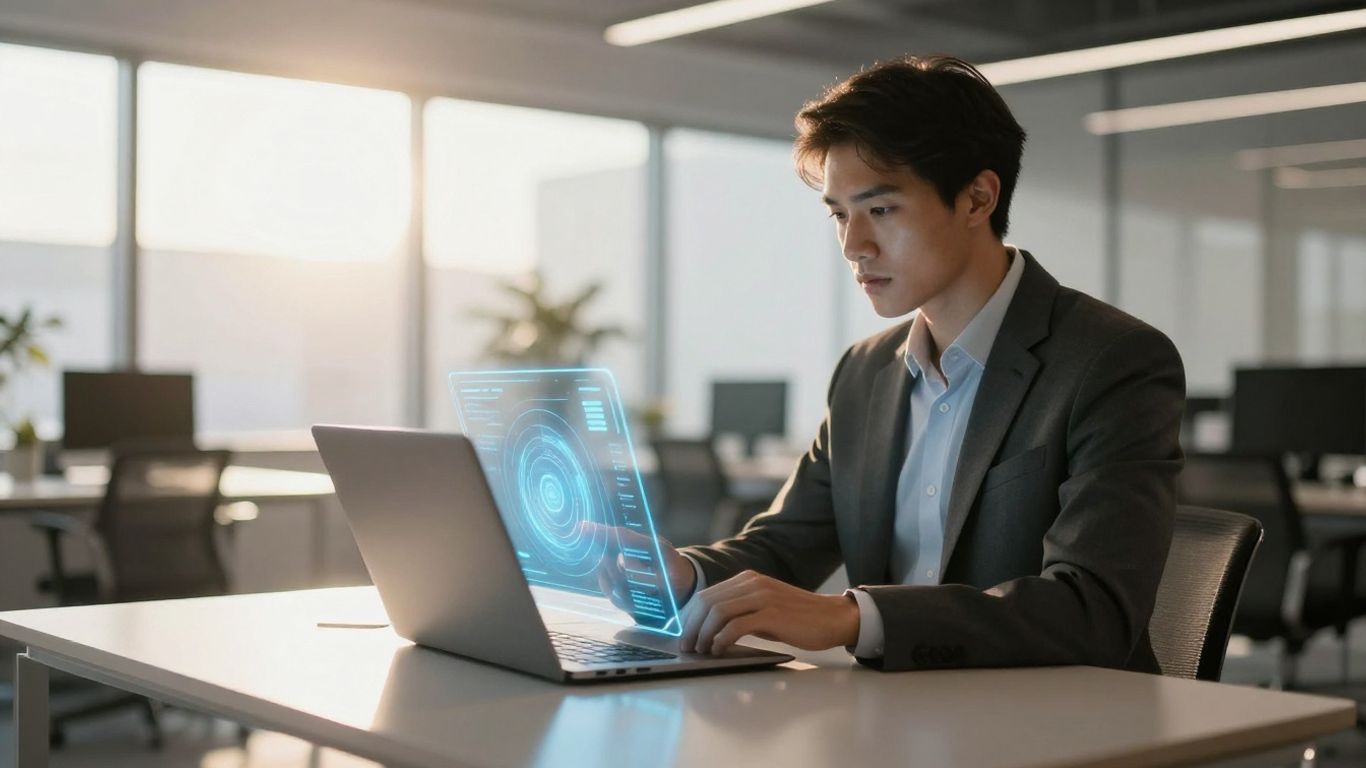 Modern office with digital interface and sunlight.